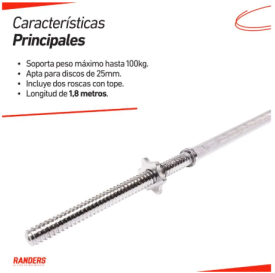 Barra de Pesas Maciza 1,8mts * 25mm con Topes Roscados